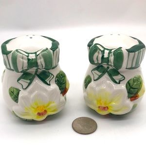 Ceramic 3D Formed Bow/Magnolia Hand Painted Salt & Pepper Shaker’s